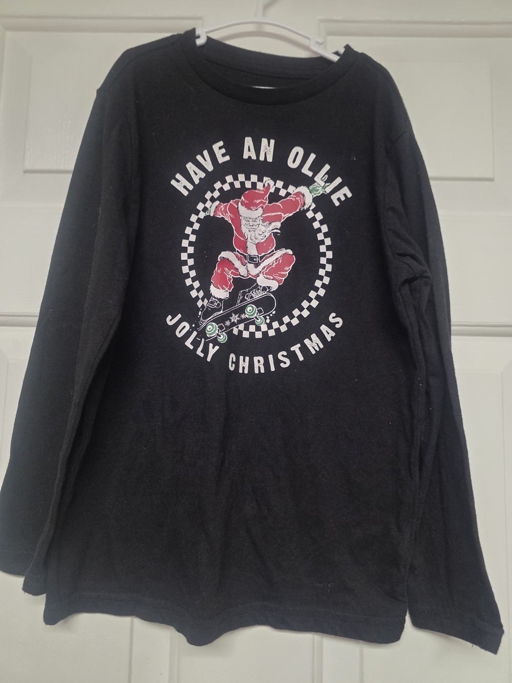 Holiday Time Black Long-Sleeve Tee with Red Santa Skate Graphic